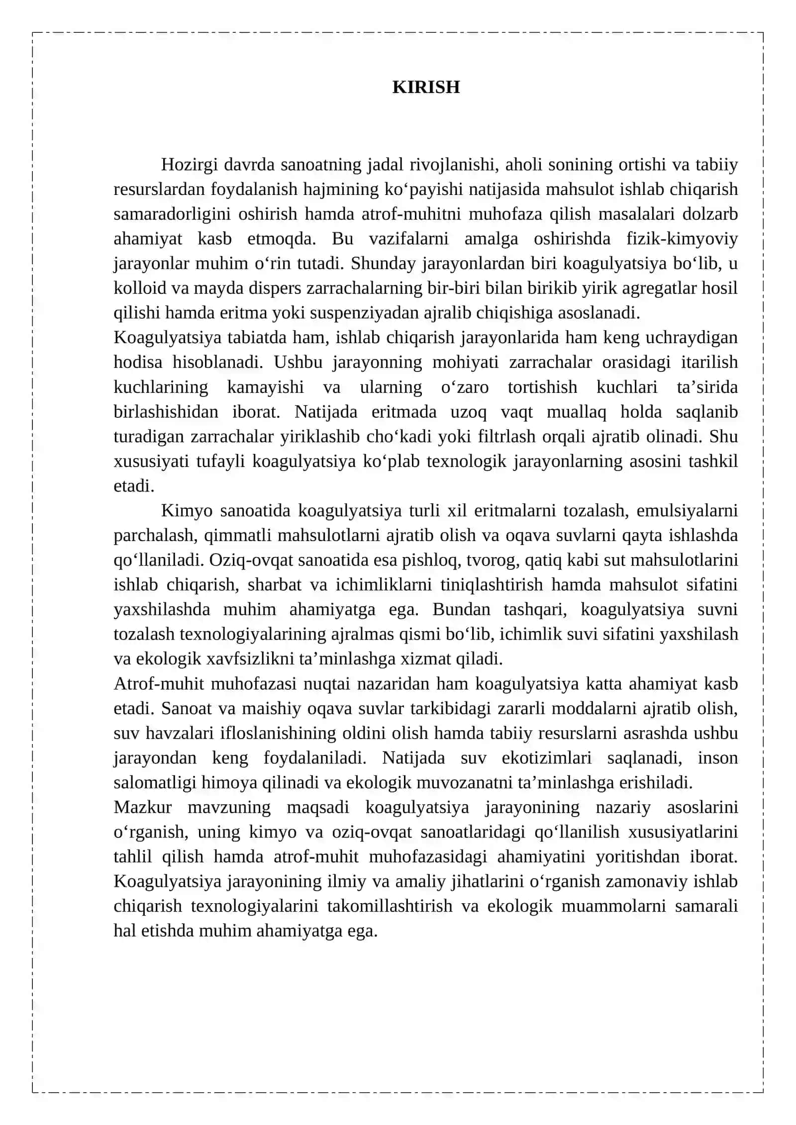 Koagulyatsiya jarayonini kimyo va oziq-ovqat sanoatlarida va atrof-muhit muhofazasida o'rni 3