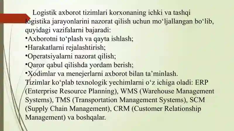 Mavzu: Logistik axborot tizimlarining turlari. Slayd 3