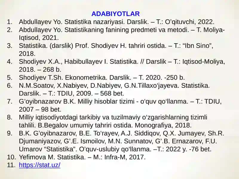 Statistik ko‘rsatkichlar (2-soat ma’ruza mashg’uloti rejalashtirilgan) 3