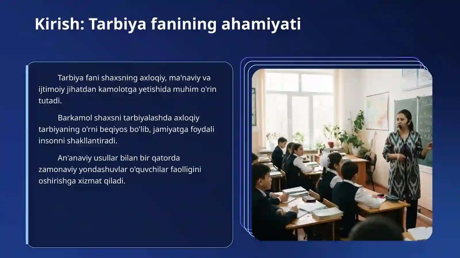 Umumtalim maktablaridatarbiya fanini oʻqitish shakllarihaqida misollar 3