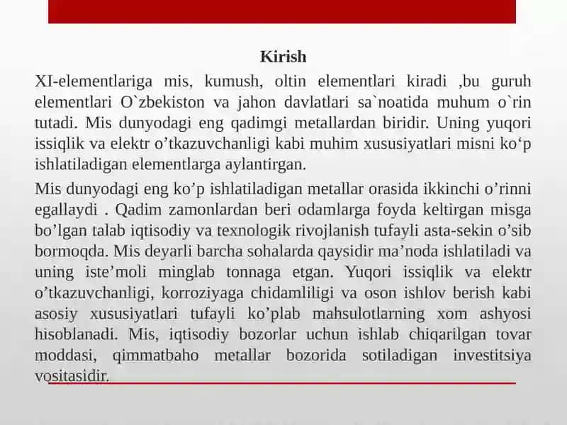 XI-GURUH ELEMENTLARI,OLINISHI,ODDIY MODDALARNING FIZIK-KIMYOVIY XOSSALARI 3
