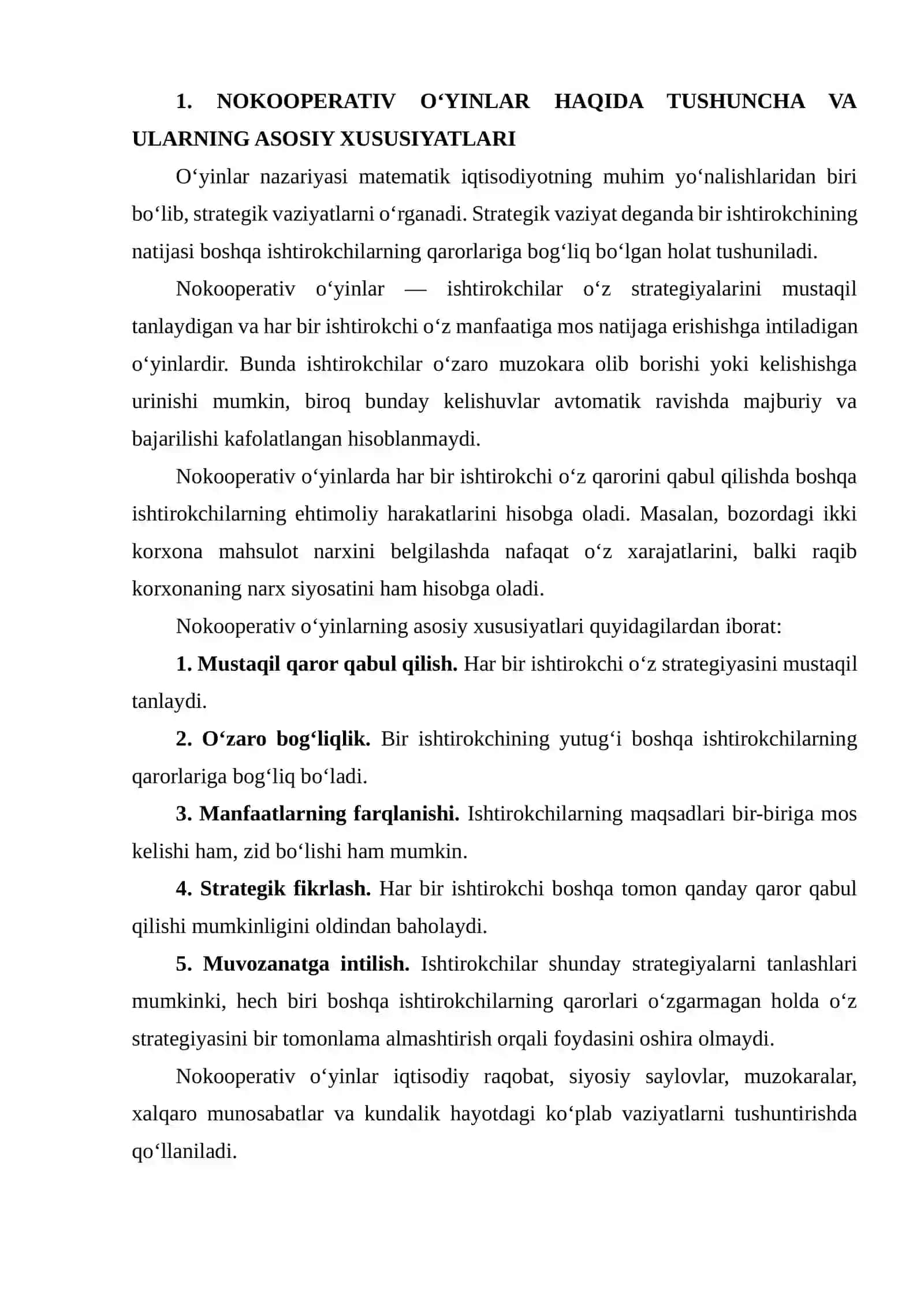 Nokooperativ O‘yinlar. O‘yinlarning Tabiiy Evolyutsiyasi 3