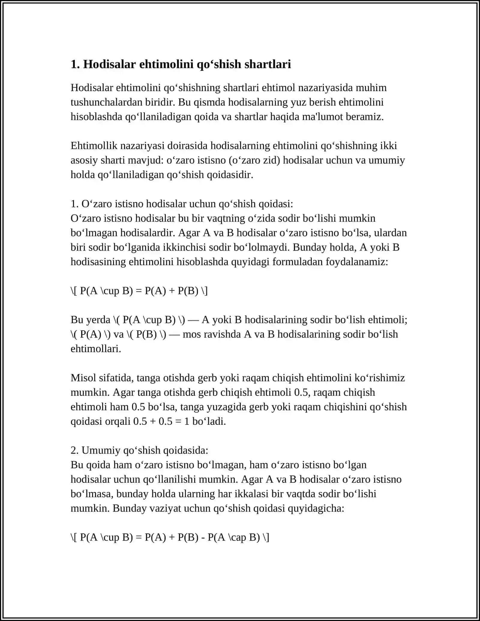 EHTIMOLLARNI QOʻSHISH VA KOʻPAYTIRISH TEOREMALARI TEOREMALARIGA DOIR AMALIY TOPSHIRIQLAR BAJARISH 3