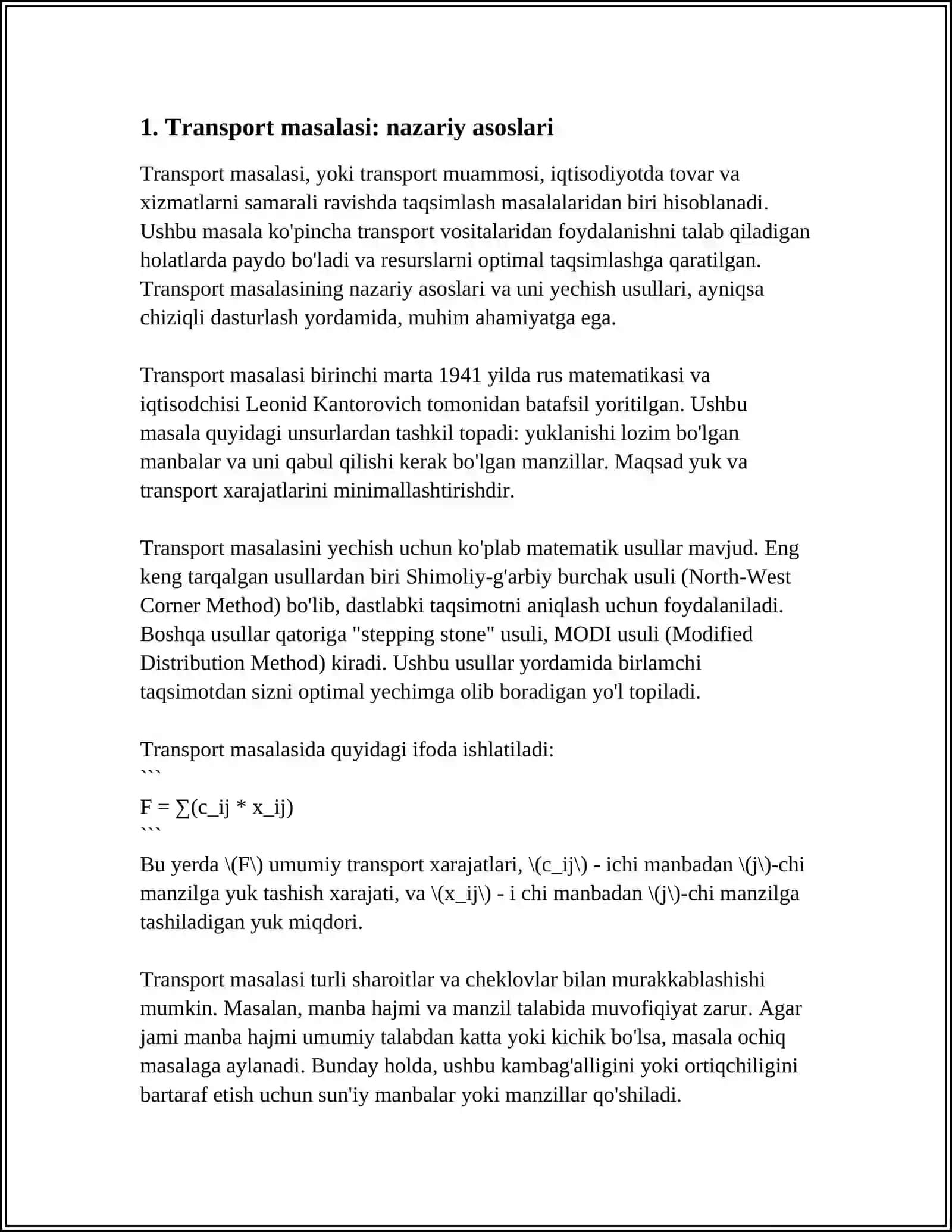 TRANSPORT MASALASINING QO’YILISHI VA YECHISHNING USULLARIGA DOIR TADQIQOT ISHINI 3