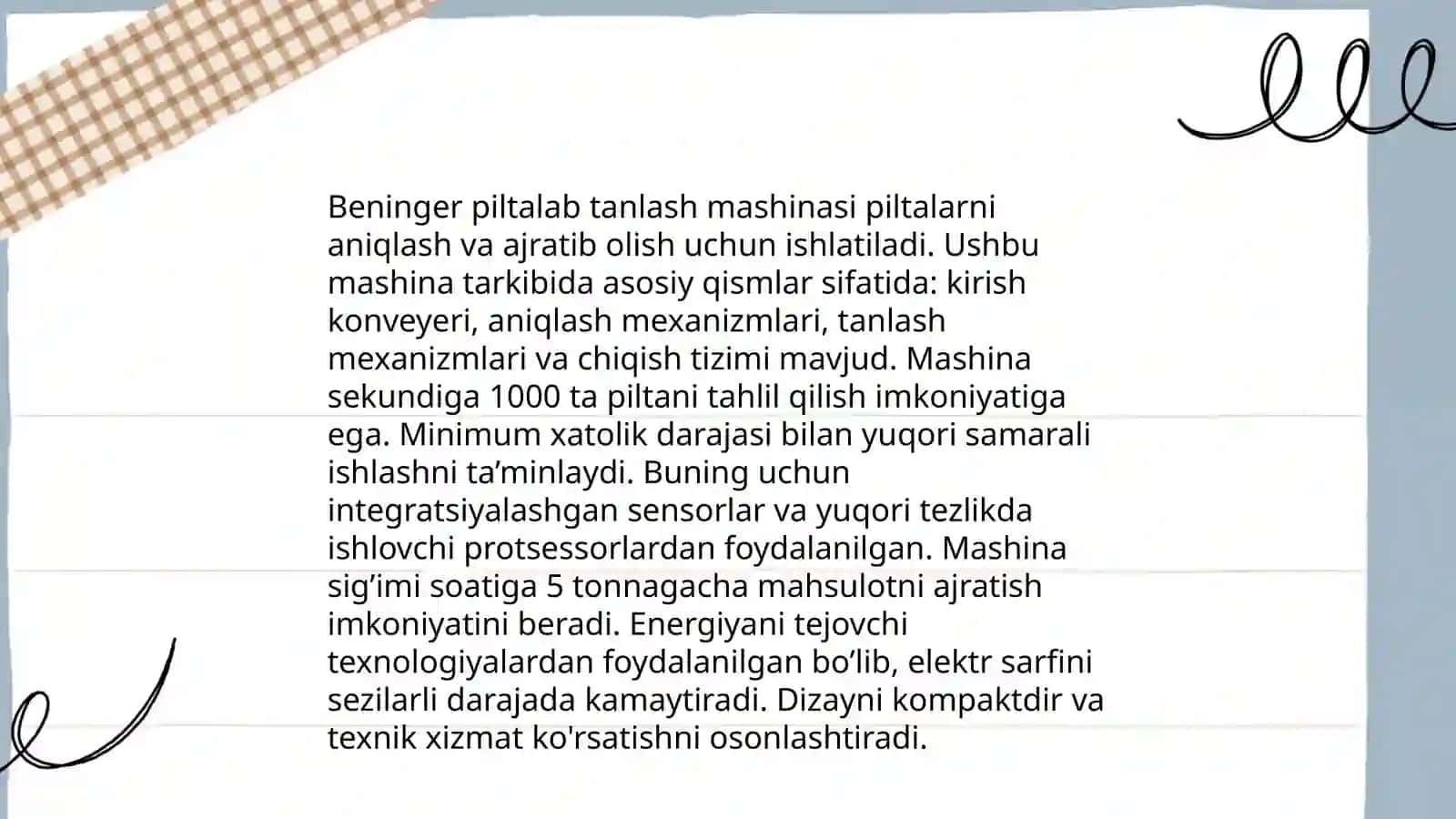 Beninger piltalab tandalash mashinasining tuzilishi,mexanizmlari va unumdorligini hisoblash 3