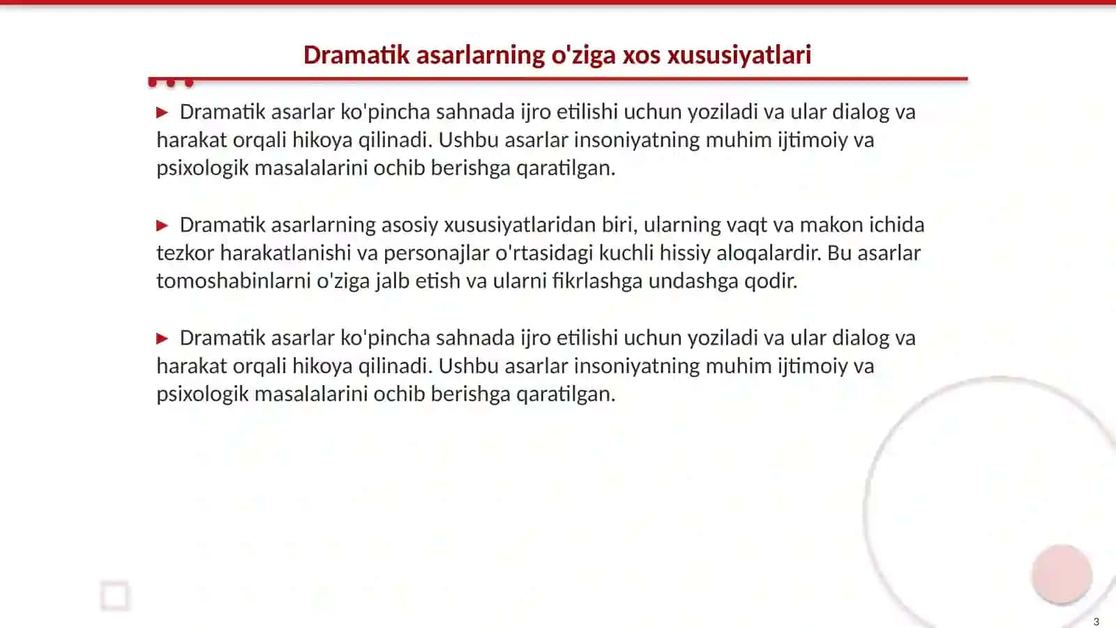 Dramatik asarlarni tahlil qilish Liro-Epik turdagi asarlar tahlili. EPIK VA Lirik asarlarni tahlil qilish yo‘llari 3