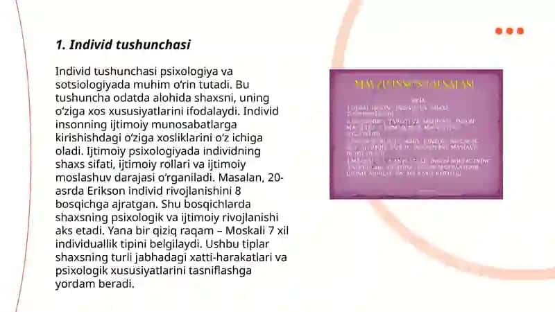 Individ shaxs va individuallik tushunchalari shaxsning malaka va odatlari chat el psixologiyasida shaxs nazariyalari Mamadaliyeva Gulsanam 3