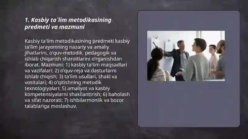 Kasbiy ta`lim metodikasi fanining predmeti, maqsad va vazifalari bilan tanishish 3