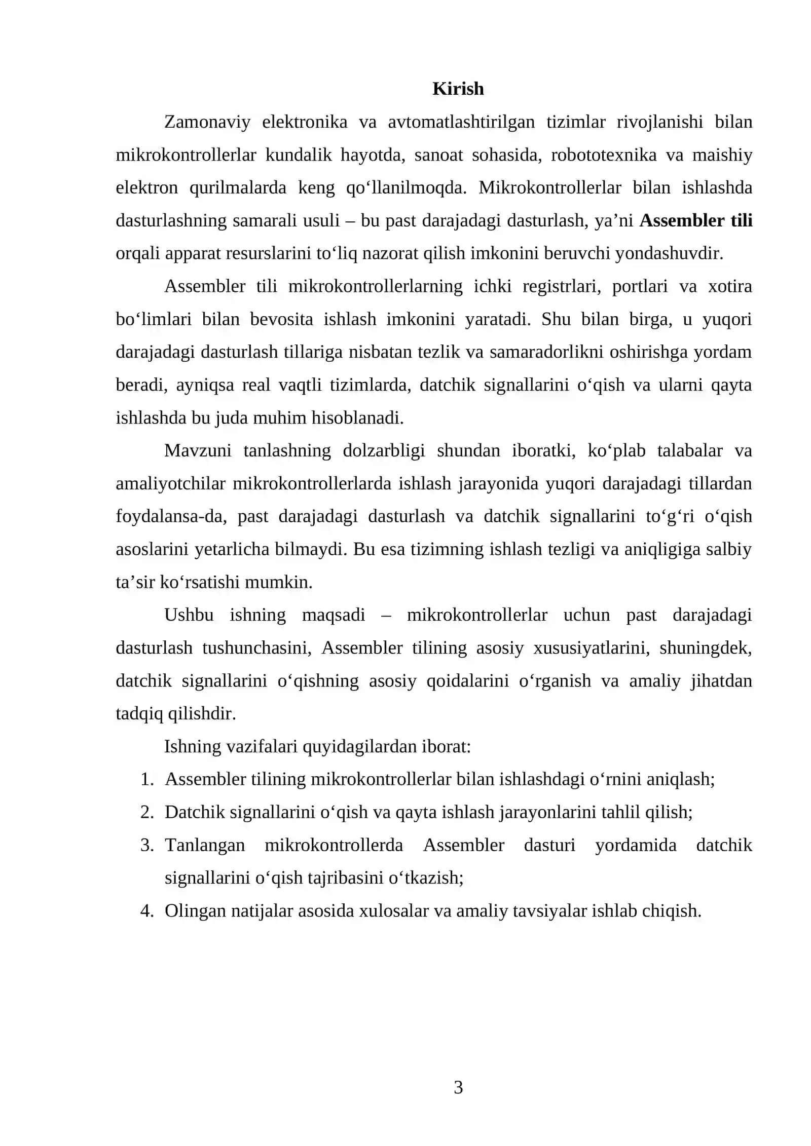 Assembler tilining ahamiyati: Mikrokontrollerlar uchun past darajadagi dasturlash tushunchasi va datchik signallarini o'qishning asosiy qoidalari. 3