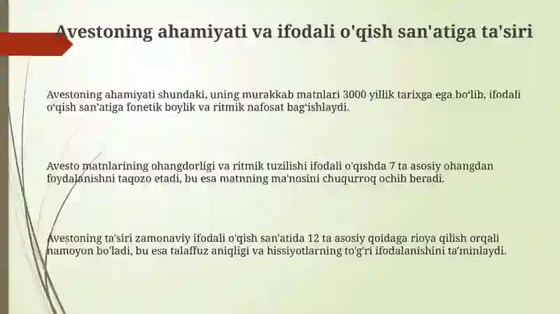 Avestoning ahamiyati va ifodali o'qish san'atiga ta'siri 3