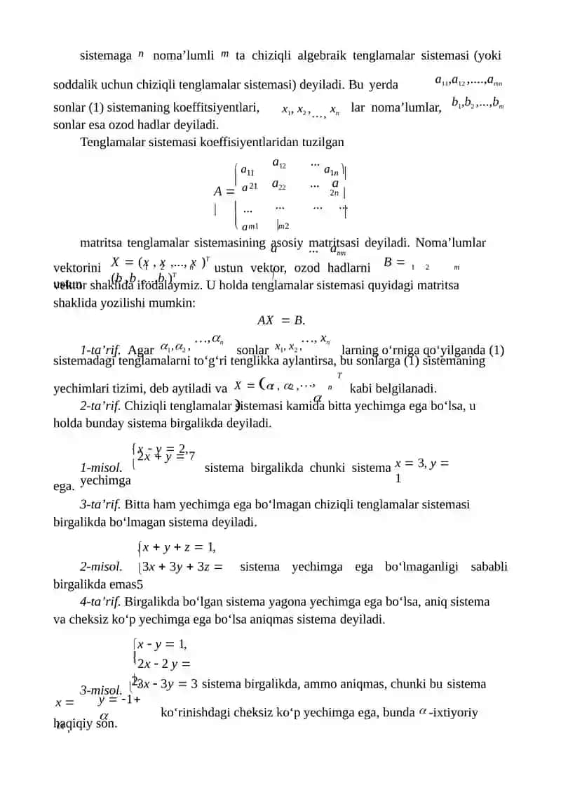 Chiziqli algebraik tenglamalar sistemasivaularni yechish usullari 3