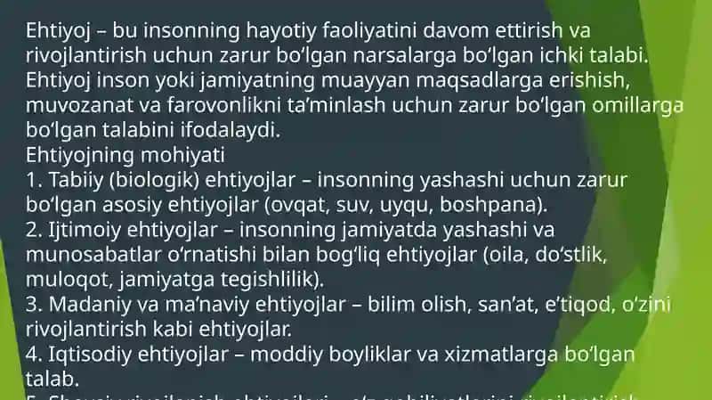 Ehtiyojlar Tushunchasi turlari va tarkibi. 3