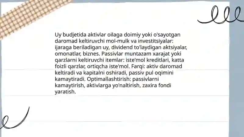 Uy bugʻalteriyasi aktiv va passivlardan foydalanish daromad va harajatlarni optimallashtirish 3