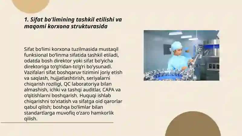 Farmatsevtik ishlab chiqarish korxonalari sifat bo’limlari tashkiliy tuzulishi 3