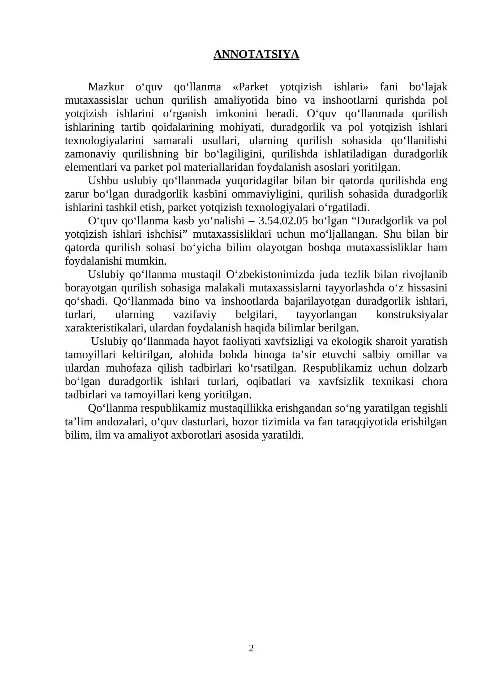 PARKET YOTQIZISH ISHLARI O'QUV AMALIYOTI FANIDAN O‘QITISH MATERIALLARI TO‘PLAMI 3