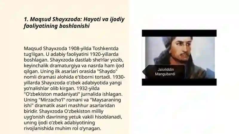 Maqsud Shayxzoda hayoti va ijodi. Jaloliddin Manguberdi dramasi 3