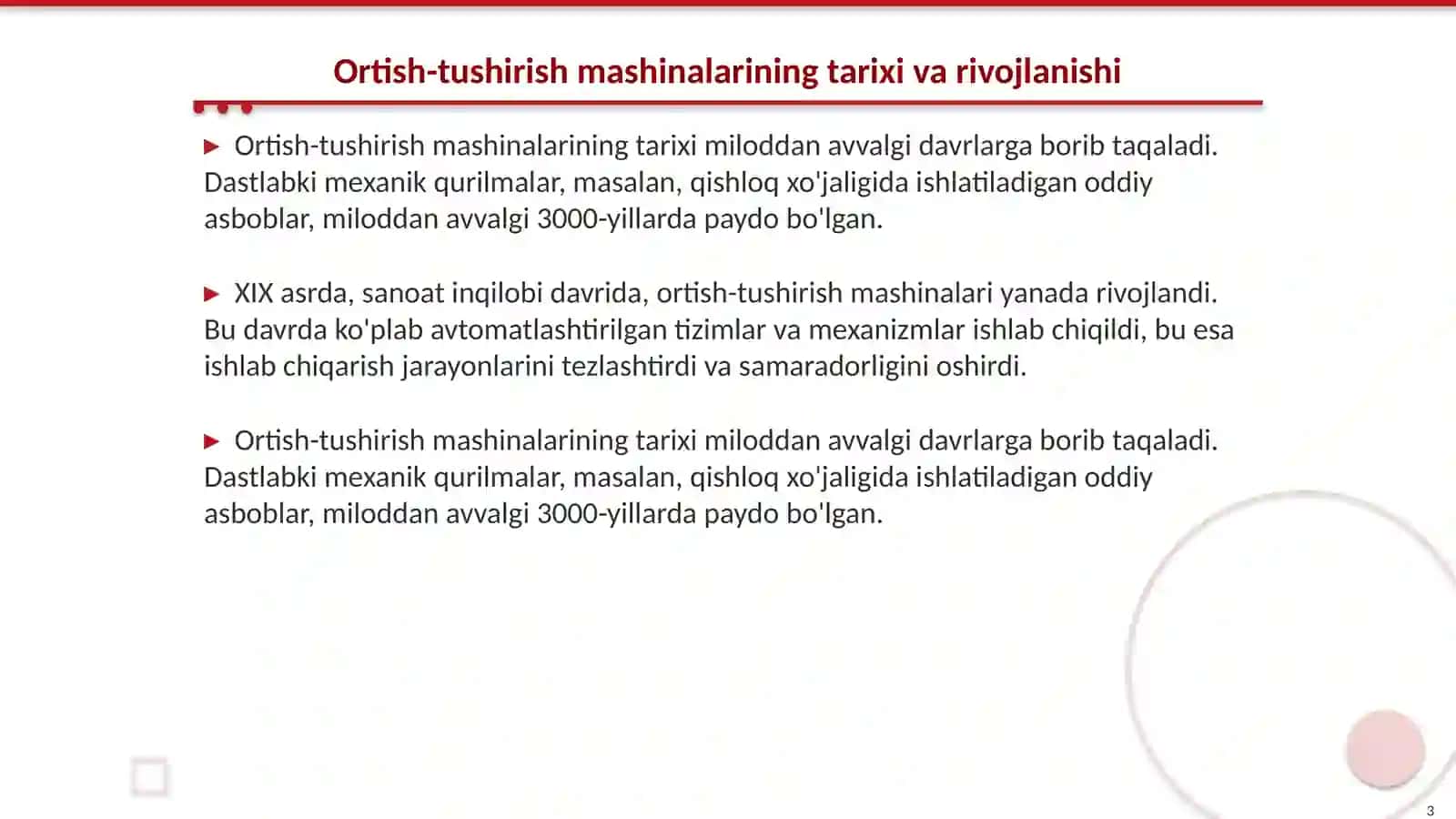 Ortish-tushirish mashinalari va qurilmalari haqida umumiy ma'lumotlar va ularning tasnifi 3