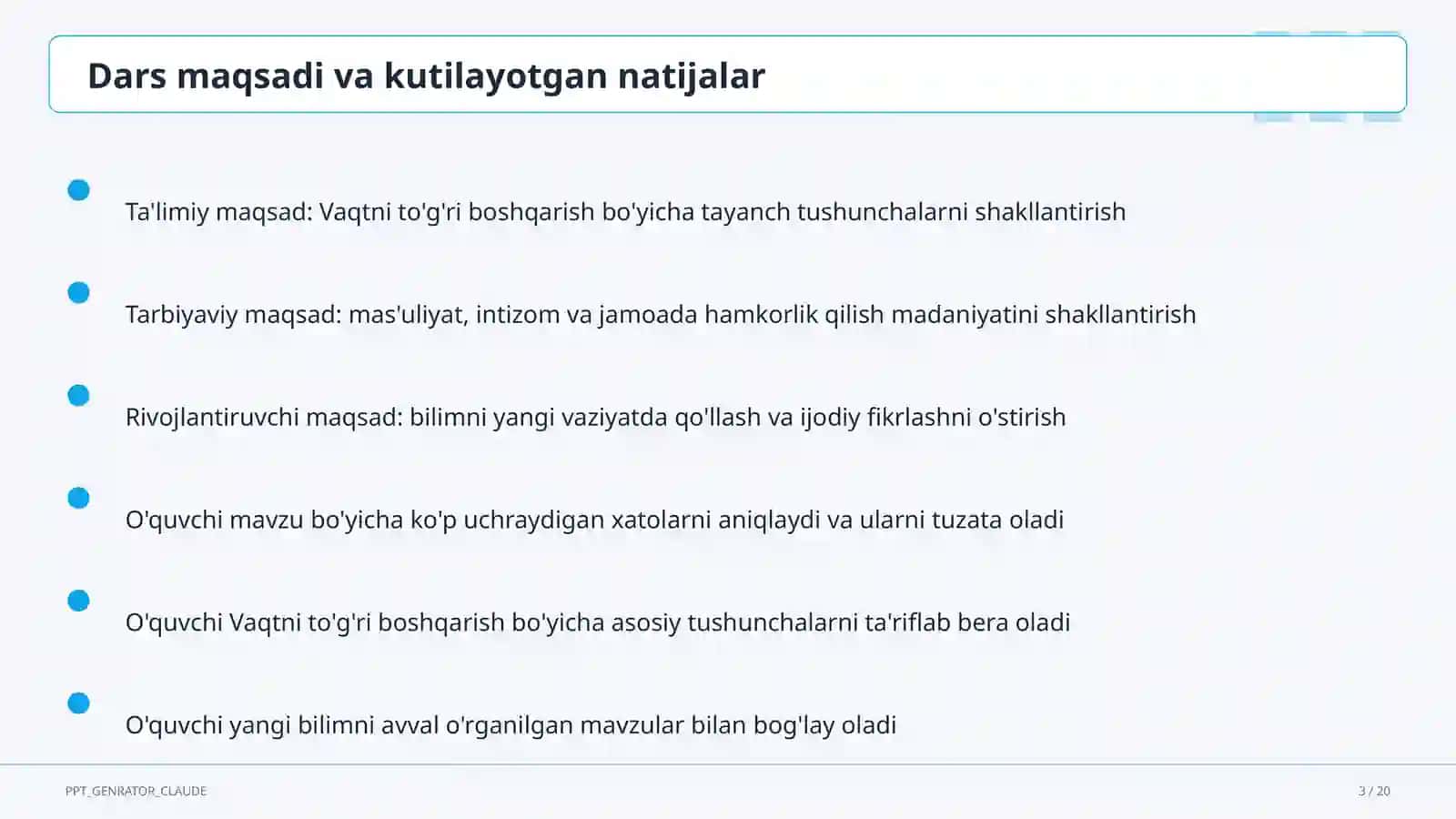 Sinf soati va tarbiyaviy tadbirlar (1–11) 3