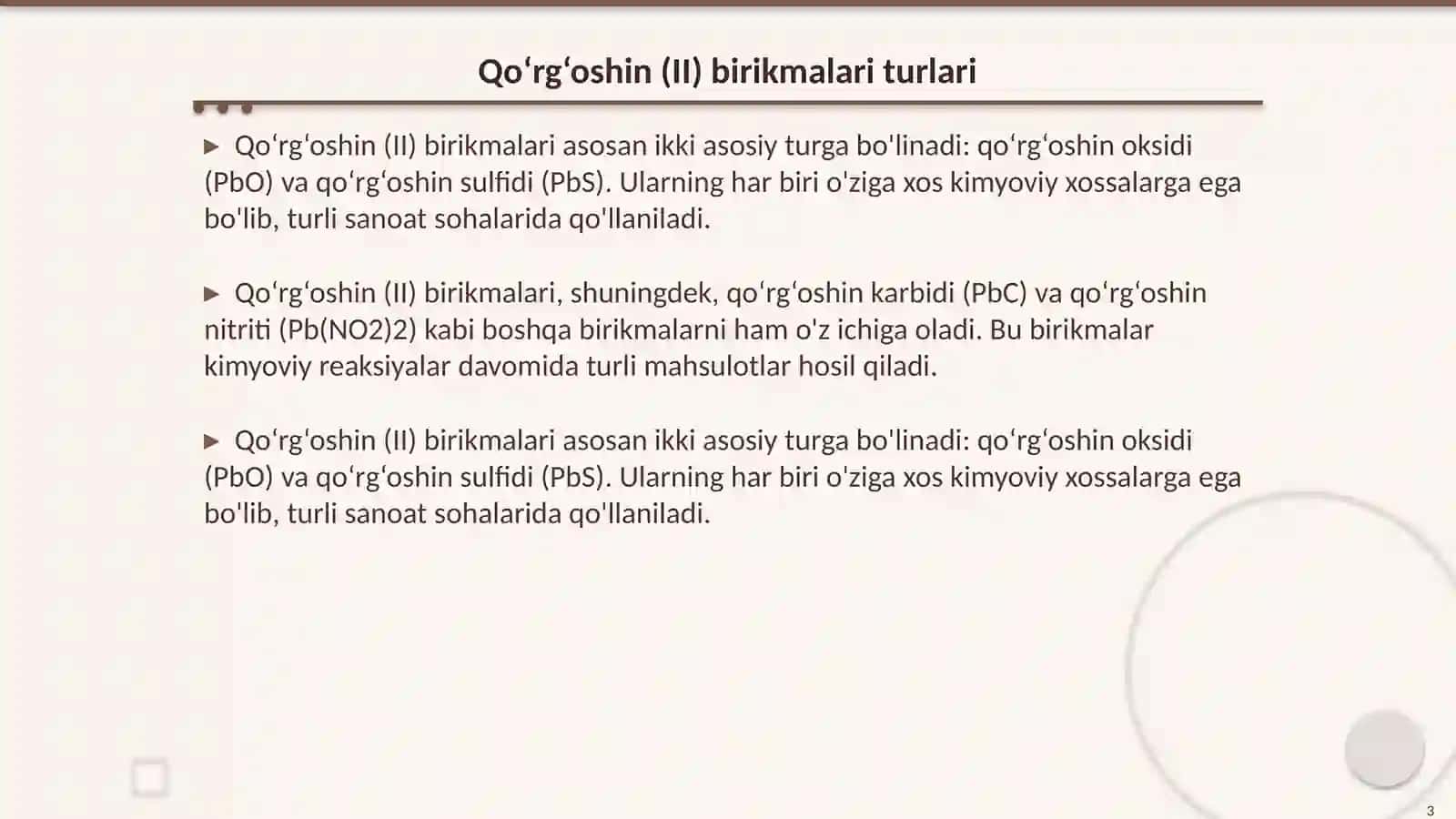 Qo‘rg‘oshin (II) birikmalari va xossalari 3