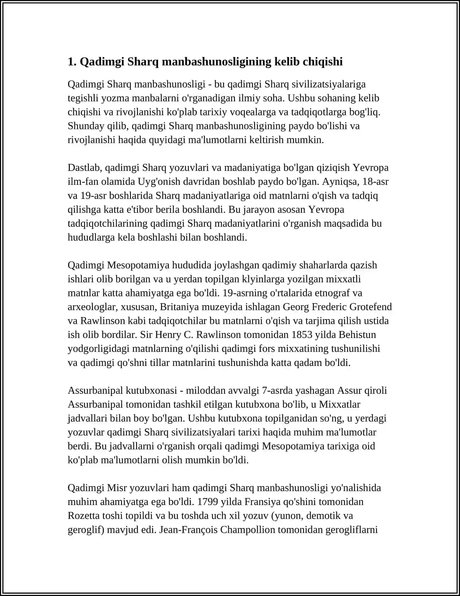 MUSTAQIL ISH Mavzu: QADIMGI SHARQ MANBASHUNOSLIGI VA UNING OʻRGANILISH TARIXI 3