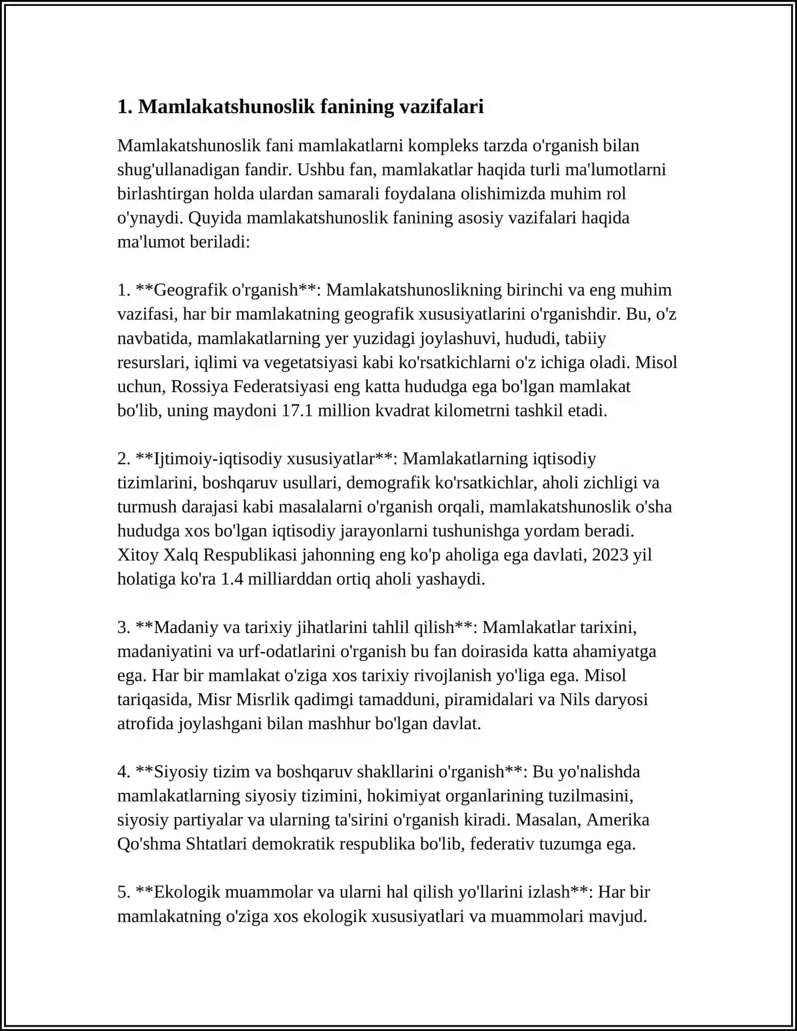 MAMLAKATSHUNOSLIK FANINING VAZIFASI MAQSADI VA O'RGANISH OBYEKTINI O'RGANISH.DUNYONING SIYOSIY KARTASINI TAHLIL QILISH 3