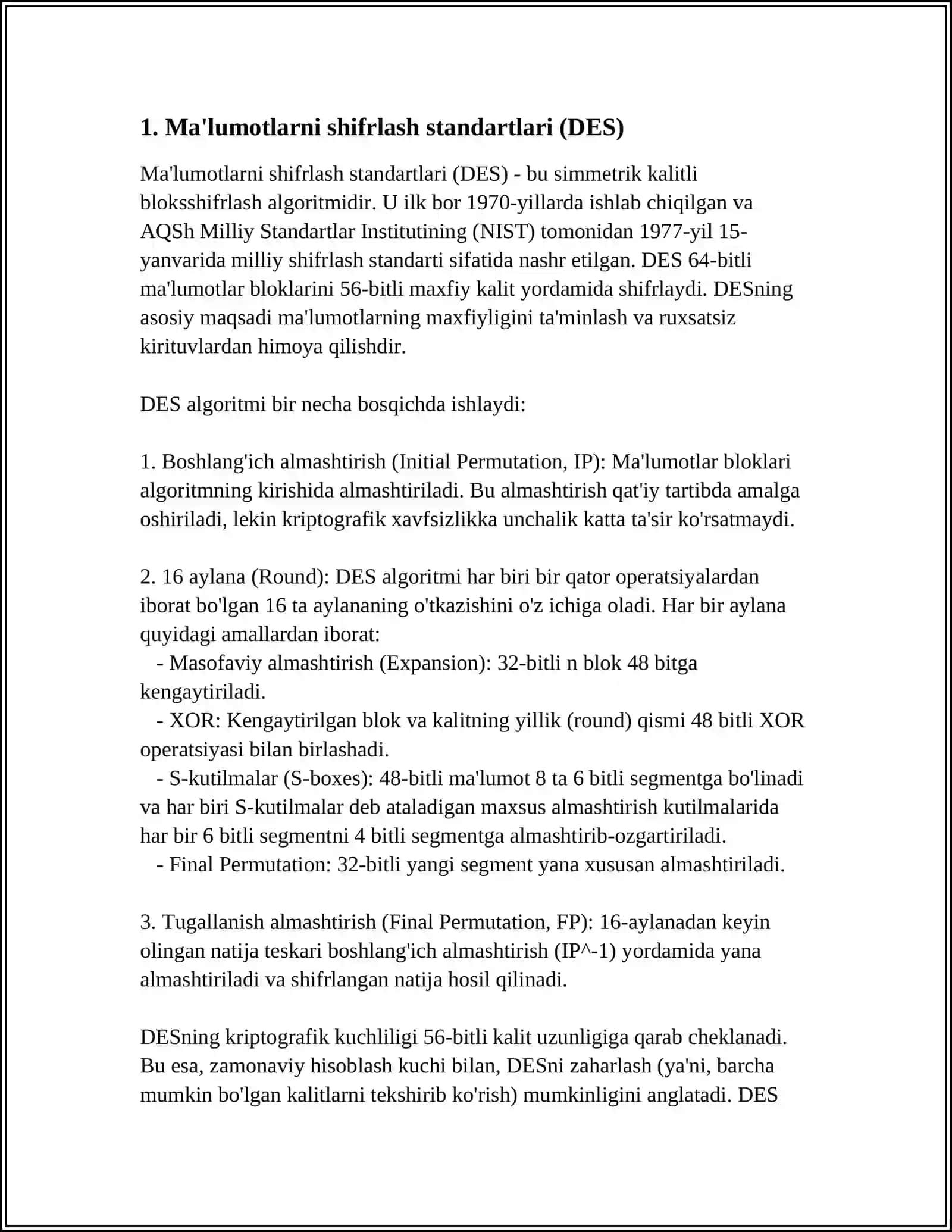 MUSTAQIL ISH Mavzu: DATA ENCRYPTION STANDARDS 3