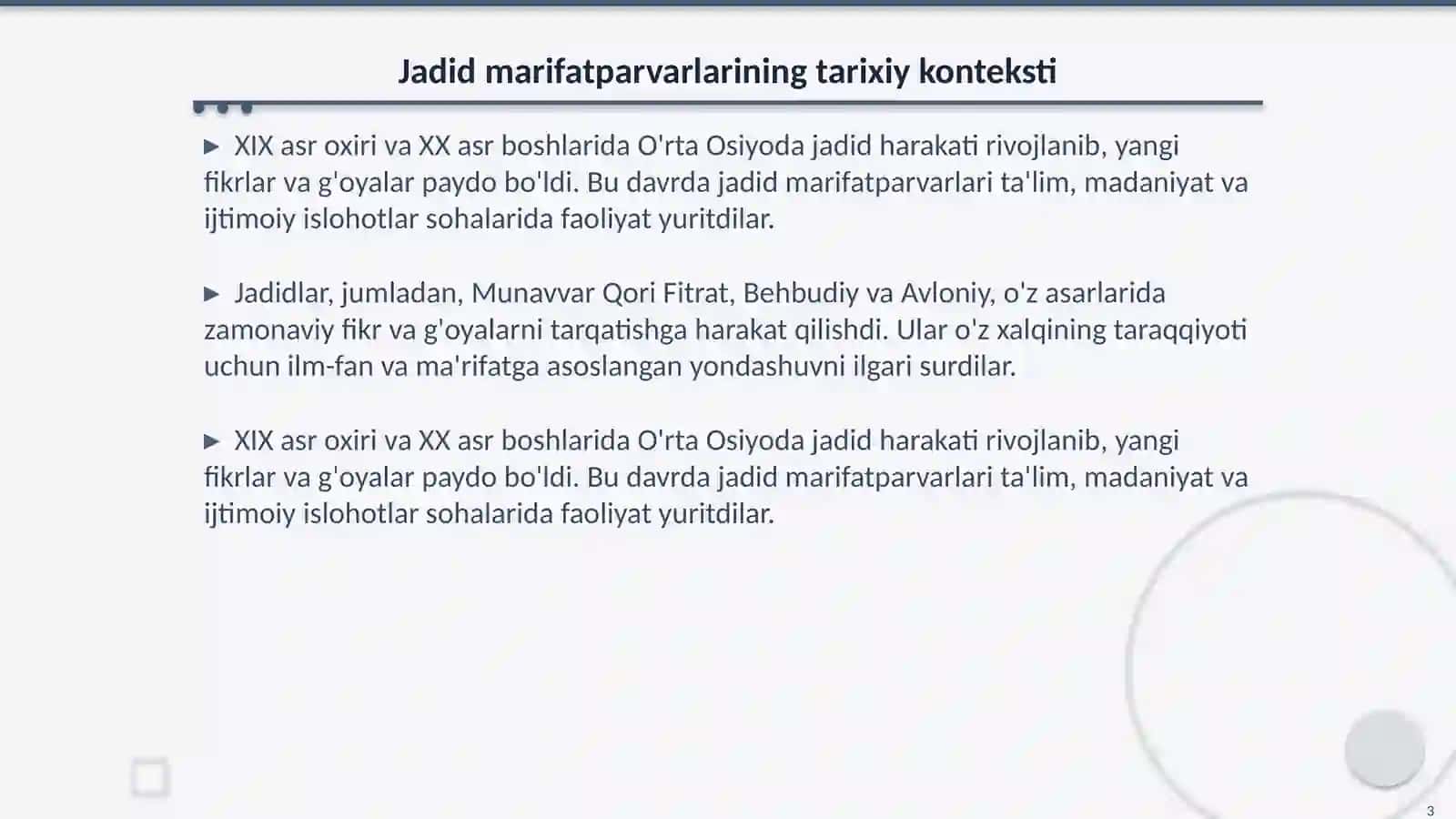 Jadid marifatparvarlarining òlka ijtimoiy -ma'naviy hayotida tutgan òrni (Munavvar Qori Fitrat Behbudiy,Avloniy va boshqalar) 3