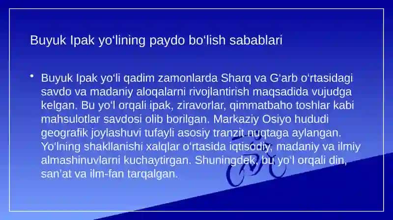 Buyuk Ipak yo'lining shakllanish tarixi. Buyuk ipak yo'lining davlatlararo hamkorlik va turizmni rivojlantirishdagi ahamiyati. IX-XII asrlarda Markaziy Osiyo xalqlarining uyg'onish davri 3