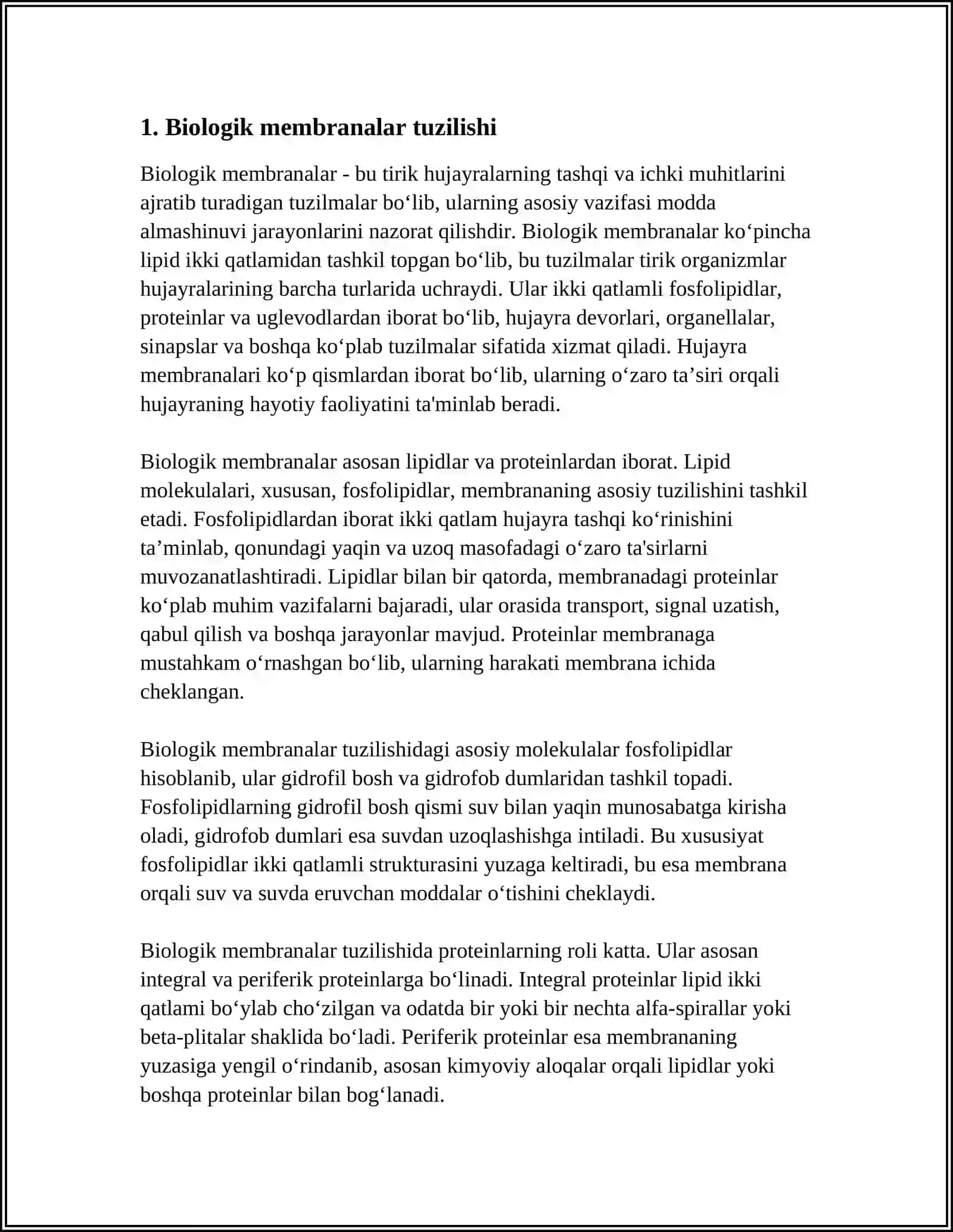 BIOLOGIK MEMBRANALARDAGI FIZIK JARAYONLAR. MEMBRANALARNING TUZILISHI VA MODELI. MEMBRANALARNING AYIRIM FIZIK XOSSALARI VA PARAMETRLARI. IONLARNI MEMBRANALAR ORQALI KO‘CHIRISH. NERNST-PLANK TENGLAMASI 3