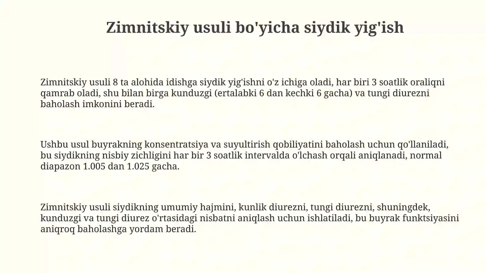 Zimnitskiy va Nechiporenko usullari bo'yicha siydik yig'ish 3