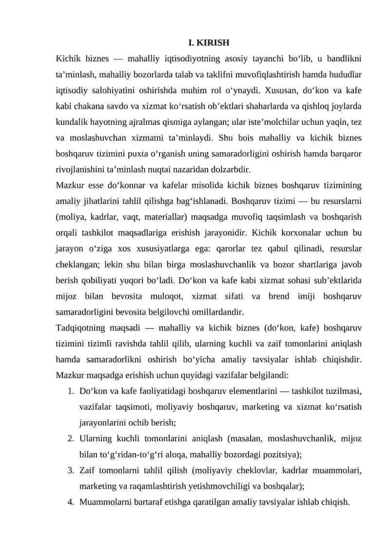 MAHHALIY VA KICHIK BIZNES (DO'KON KAFE) BOSHQARUV TIZIMINI TAHLIL QILISH VA KUCHLI ZAIF TOMONLARINI ANIQLASH YUZASIDAN TAHLILIY MA'LUMOT (ESSE) TAYYORLASH 3