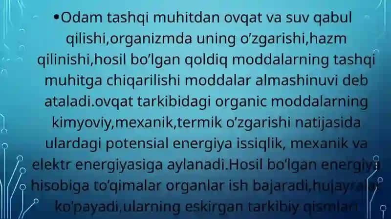 Hujayrada moddalar,energiya va ma’lumotlar oqimi.Hujayra proliferatsiyasi muammolarining tibbiyot 3