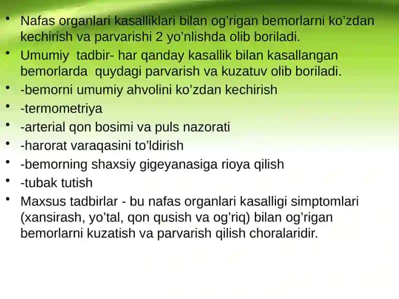 NAFAS TIZIMI KASALLIKLARI BILAN KASALLANGAN BEMORLARNI PARVARISHI VA ULARNING NAZORATI 3