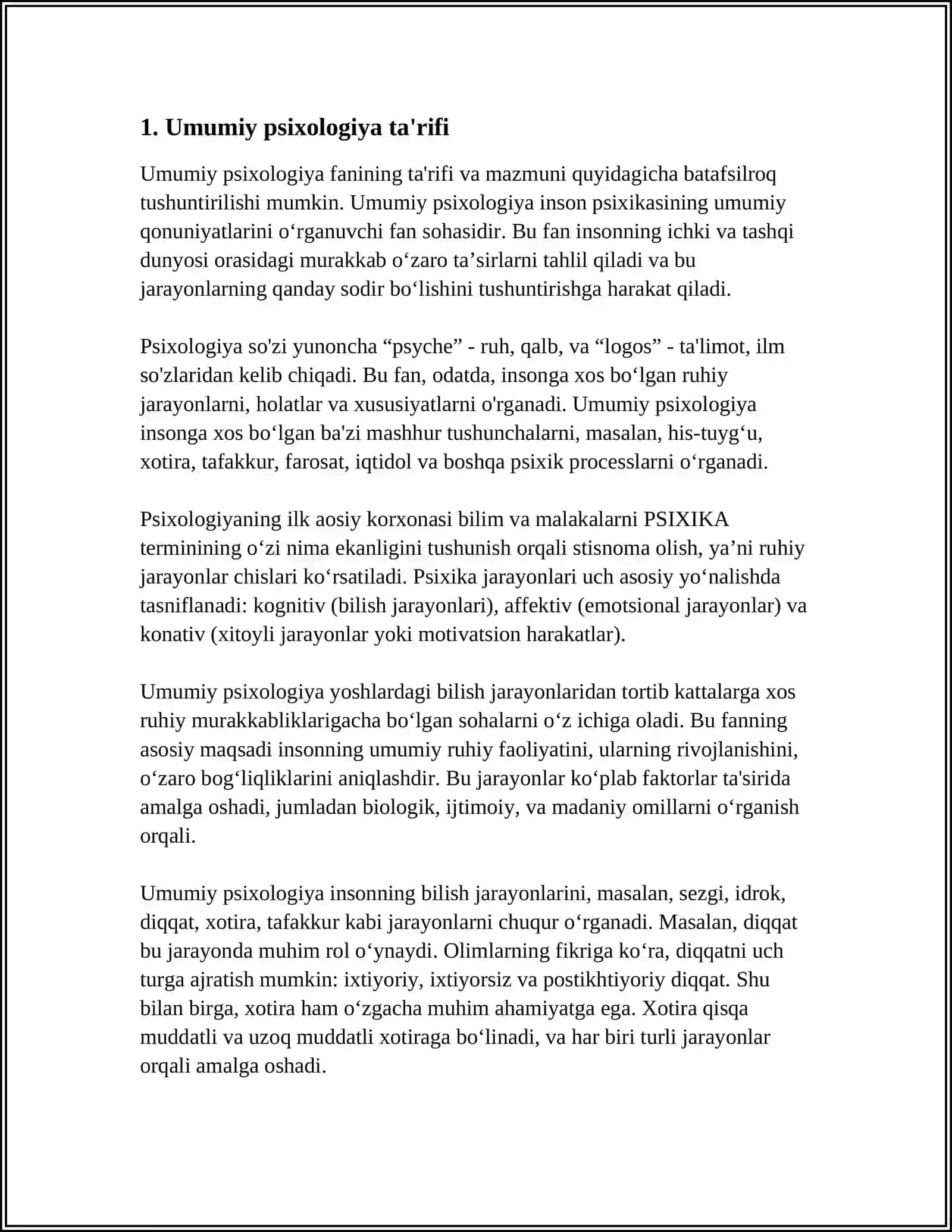 UMUMIY PSIXOLOGIYA PREDMETI, MAQSAD, VAZIFALLARI, TAMOYILLARI VA TADQIQOT METODLARI 3