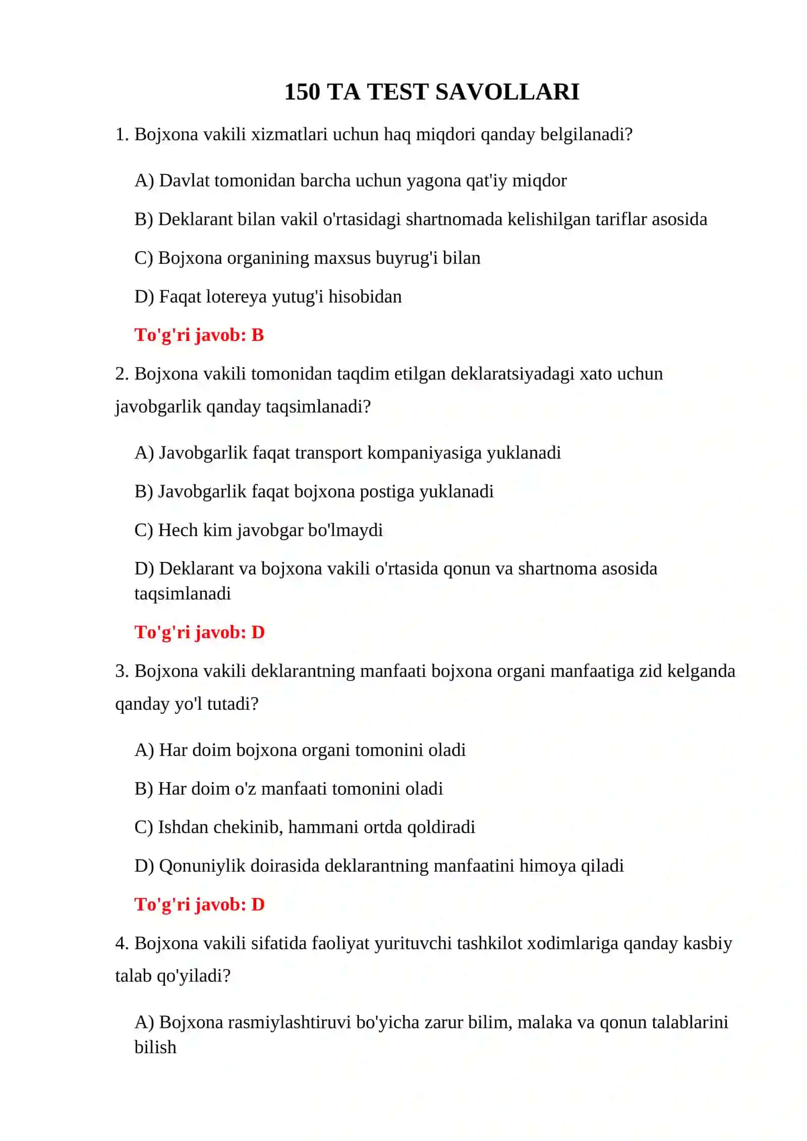 BOJXONA DEKLARATSIYASI BO'YICHA SAVOLLAR 3