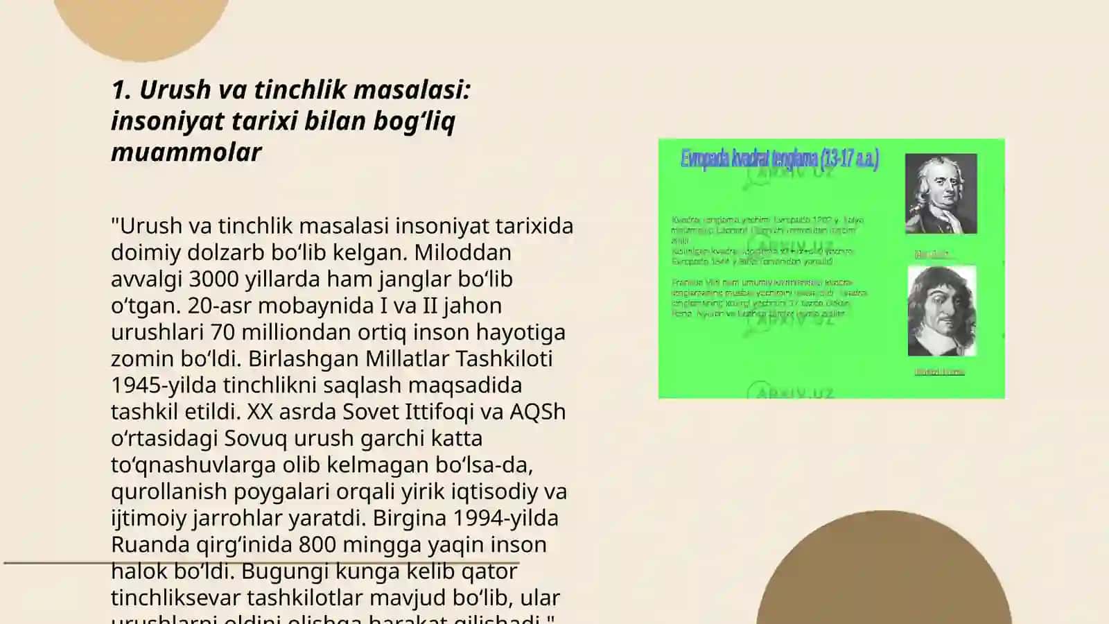 Urush va tinchlik masalasi: insoniyat tarixi bilan bog‘liq muammolar 3
