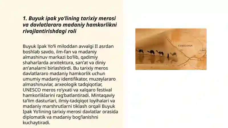 Buyuk ipak yoʻlining davlatlararo hamkorlik va turizmni rivojlantirishdagi ahamiyati 3