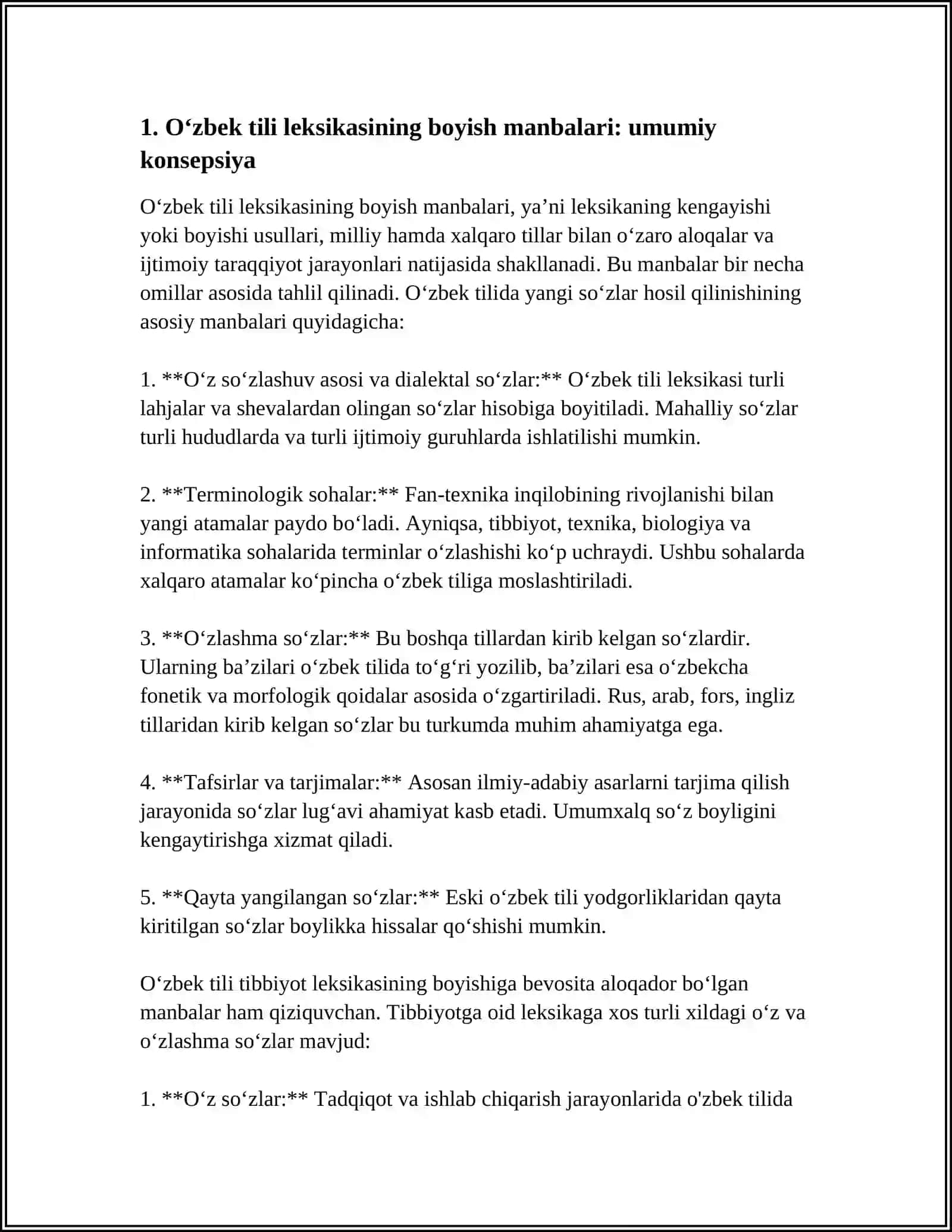 OʻZBEK TILI LEKSIKASINING BOYISH MANBALARI. TIBBIYYOTGA XOS OʻZ VA OZLASHGAN SOʻZLAR TASNIFI 3