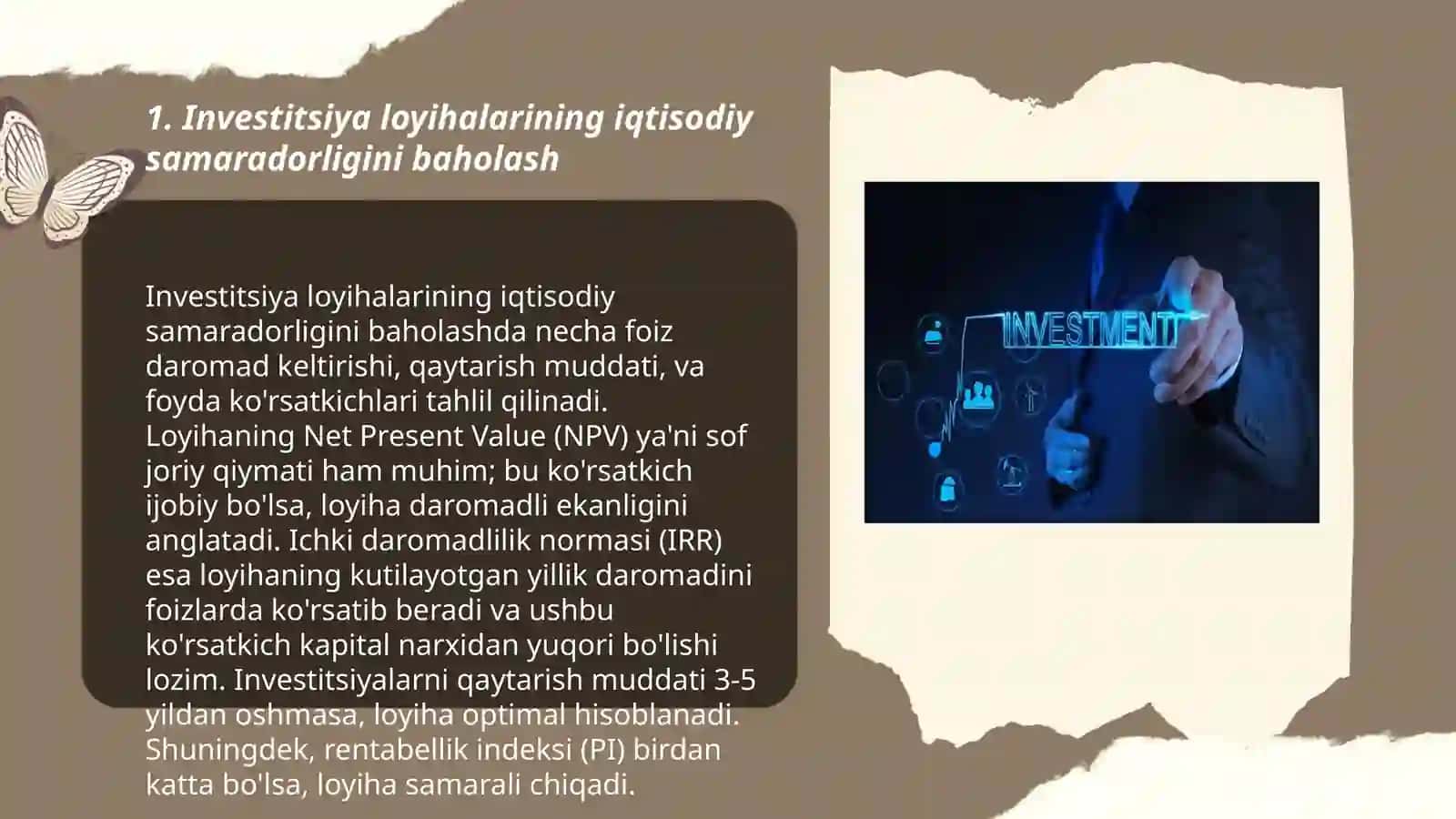 Investitsiya loyhalarini tahlil qilish. Iqtisodiy konsepsiya 3