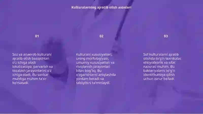 Aerob va anaeroblarning sof kulturalarini ajratib olish bosqichlari. Sof kulturani ajratib olishda kulturani xususiyatlari 3