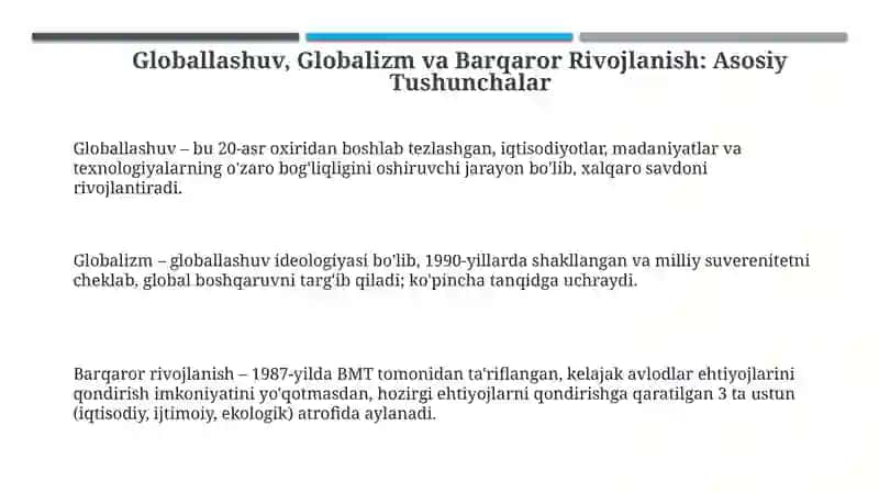 Globallashuv, globalizm va barqaror rivojlanishning ustuvor yo’nalishlari 3
