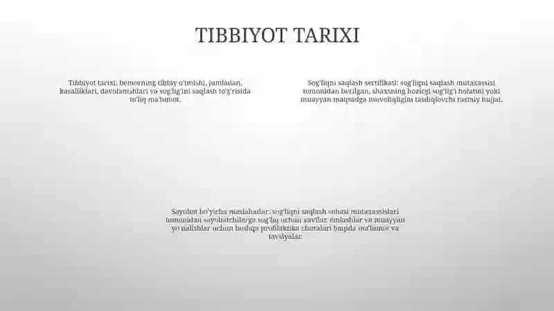 Kasallik Tarixi.Pasport MaʼLumotnoma,Tibbiy YoʻLlanma,Majlis Bayoni.Dalolatnoma 3