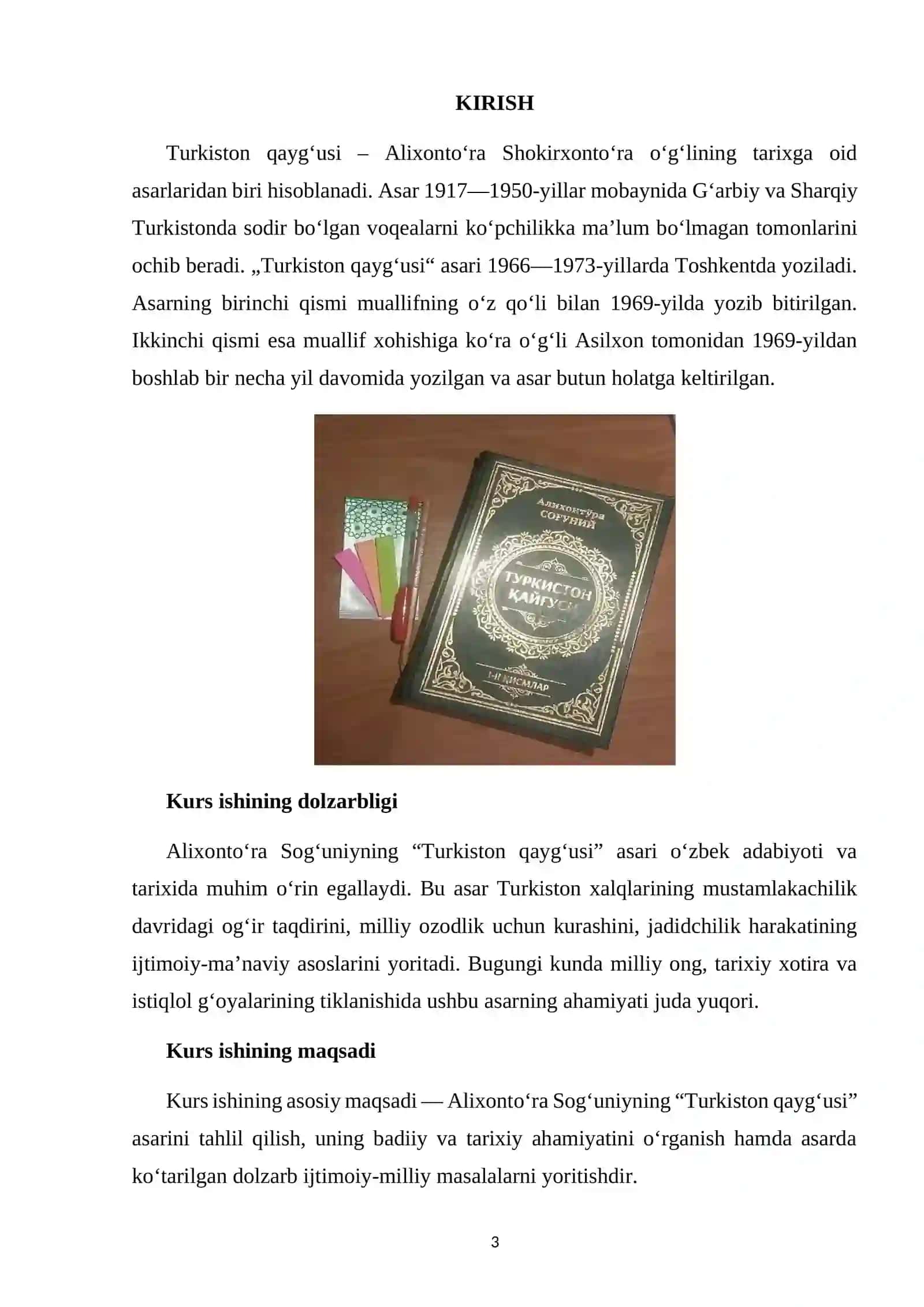 Alixontoʻra Sogʻuniyning,, Turkiston qaygʻusi" asari 3