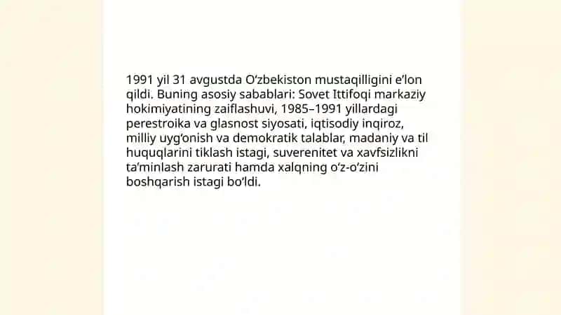 Mustaqil O'zbekiston Respublikasi tashkil topishining tarixiy ahamuyati 3