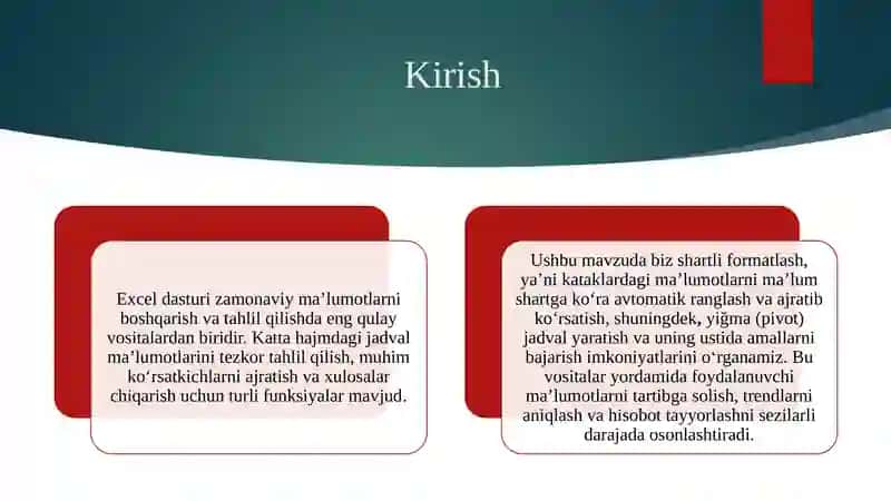 Mavzu: Excel dasturida ma'lumotlarni shartli farmatlash. Yiĝma jadval hosil qilish va uning ustida amallar 3