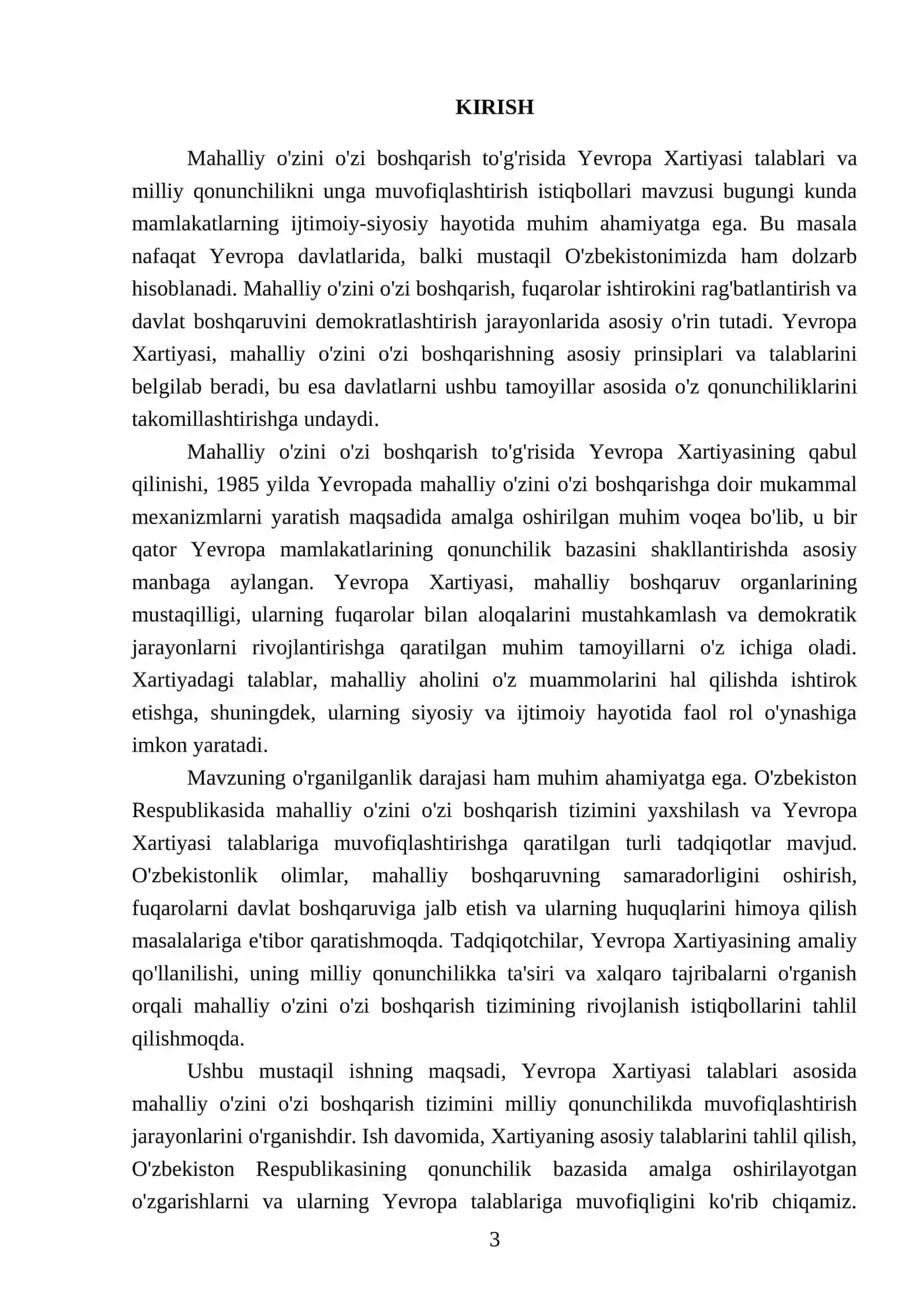 Mahalliy o'zini o'zi boshqarish to'g'risida Yevropa Xartiyasi talablari va milliy qonunchilikni unga muvofiqlashtirish istiqbollari 3