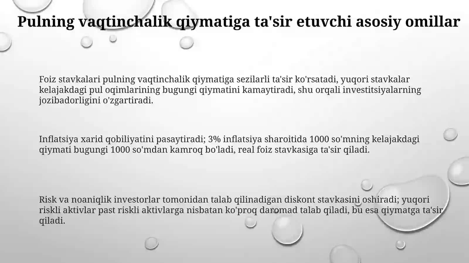 Pulning vaqt bo'yicha qiymatiga ta'sir qiluvchi omillar va diskont stavkalarning belgilanishi 3