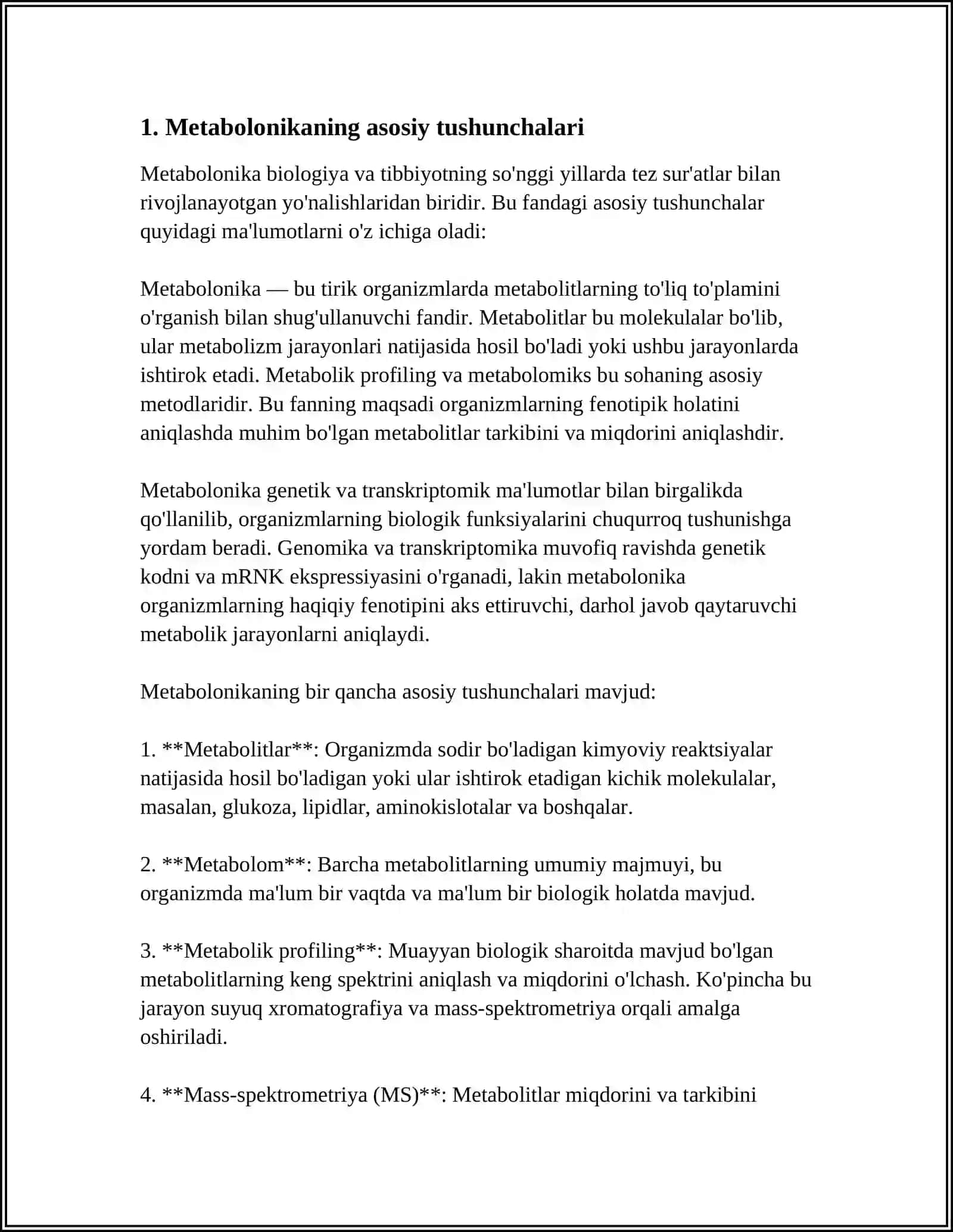 METABOLONIKA(TIRIK HUJAYRALARDA SODIR BOLADIGAN JARAYONLARGA XOS NOYAB KIMYOVIY,,BARMOQ IZLARI"NI TIZIMLI ÒRGANISH.)FANING ASOSLARI 3