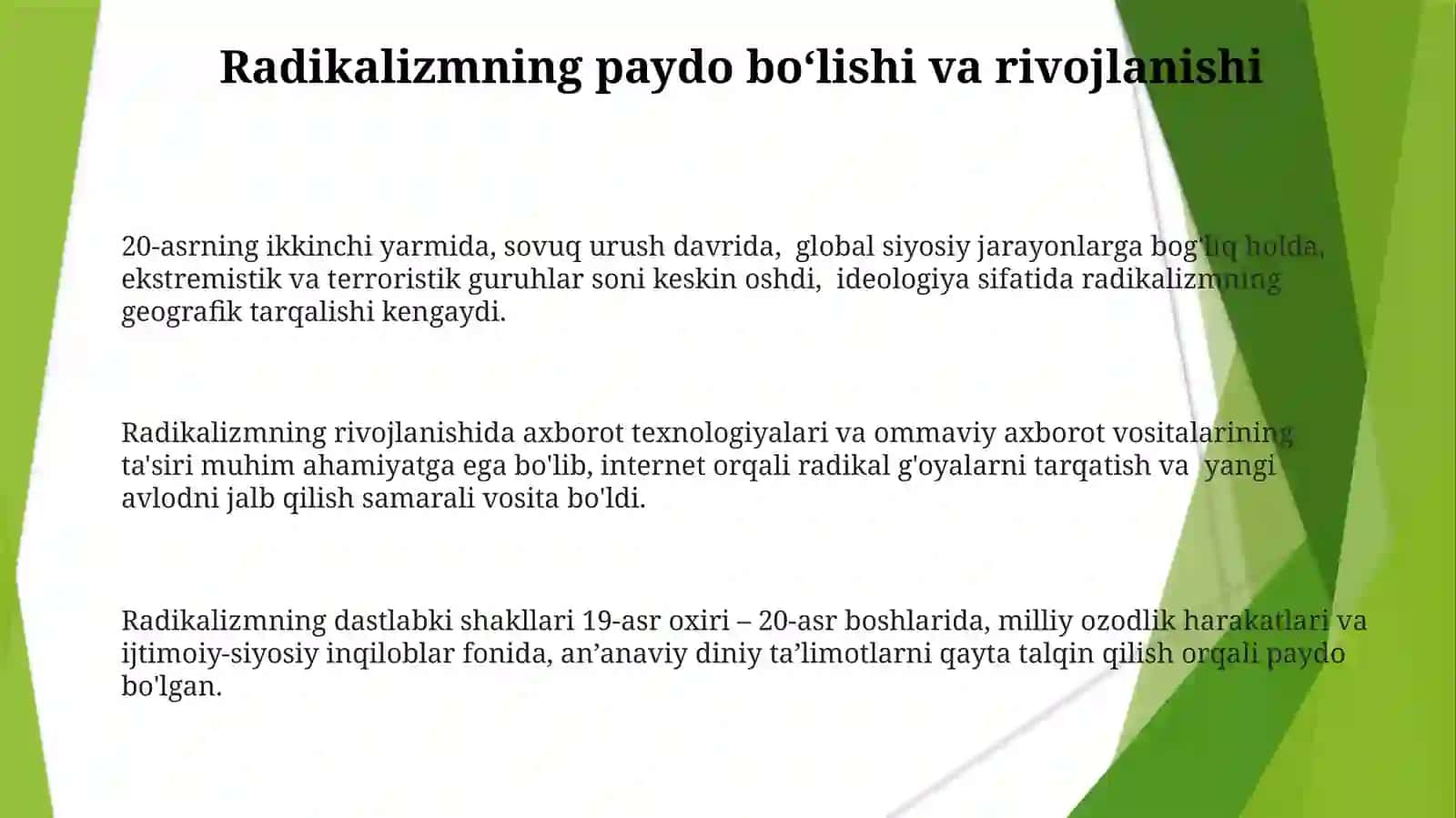 Diniy fundamentalizm, radicalizm va terrorizmning tarixiy va oʻnaluvi shakllari 3