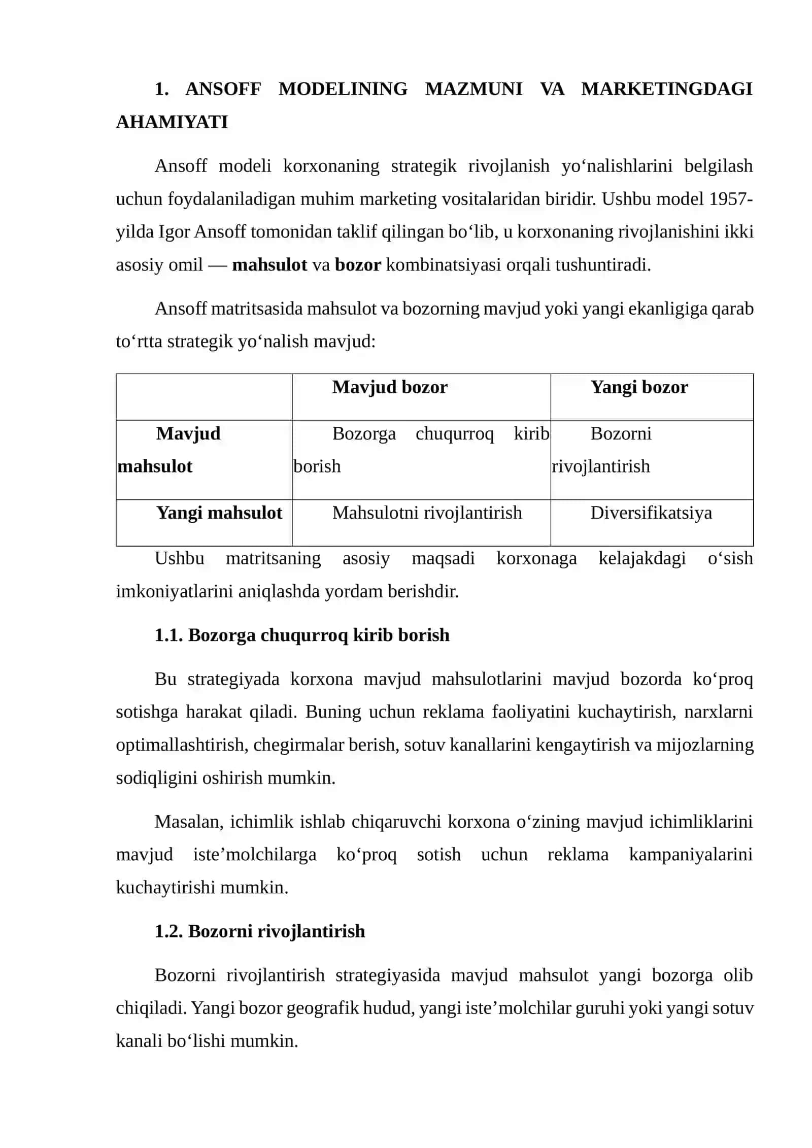 YANGI MAHSULOTNI MAVJUD BOZORGA JORIY ETISH IMKONIYATLARINI ANSOFF MODELI ASOSIDA TAHLIL QILISH 3